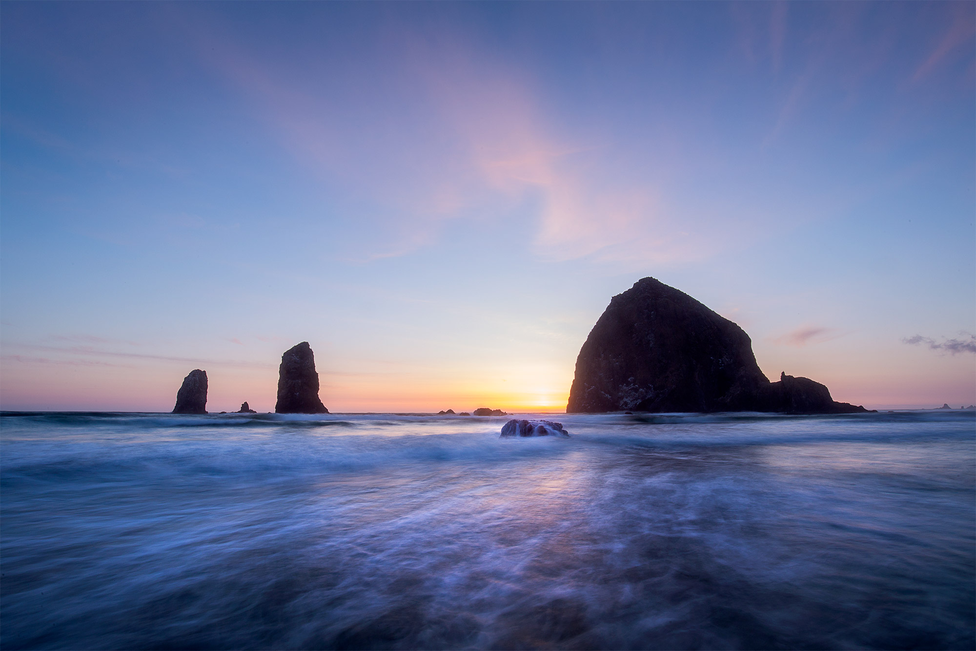 Haystack Rock at sunset, Canon Beach, Oregon