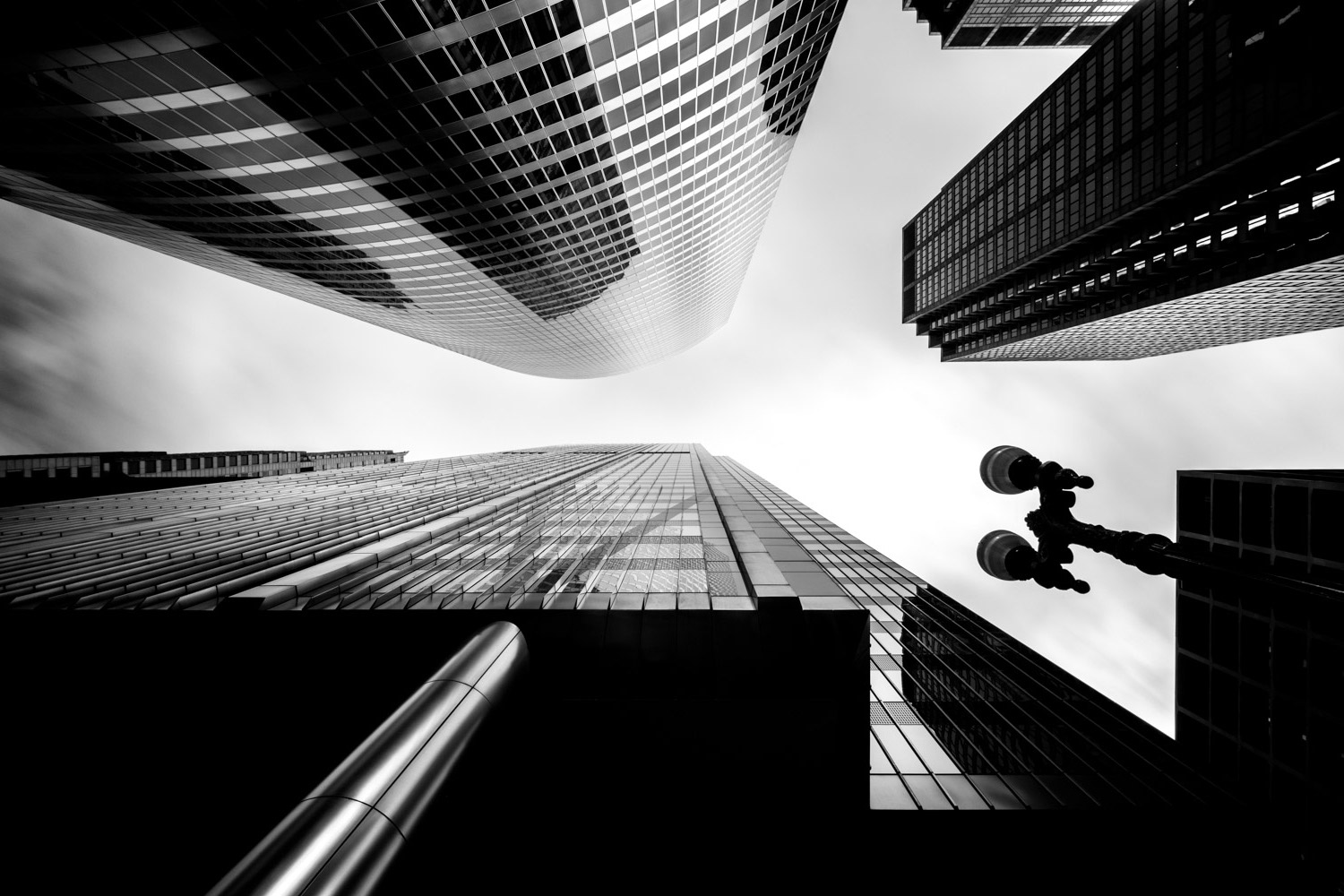 Looking straight up at various Chicago skyscrapers