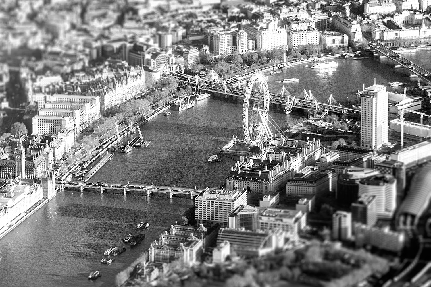 Tilt shift image of the River Thames and the London Eye