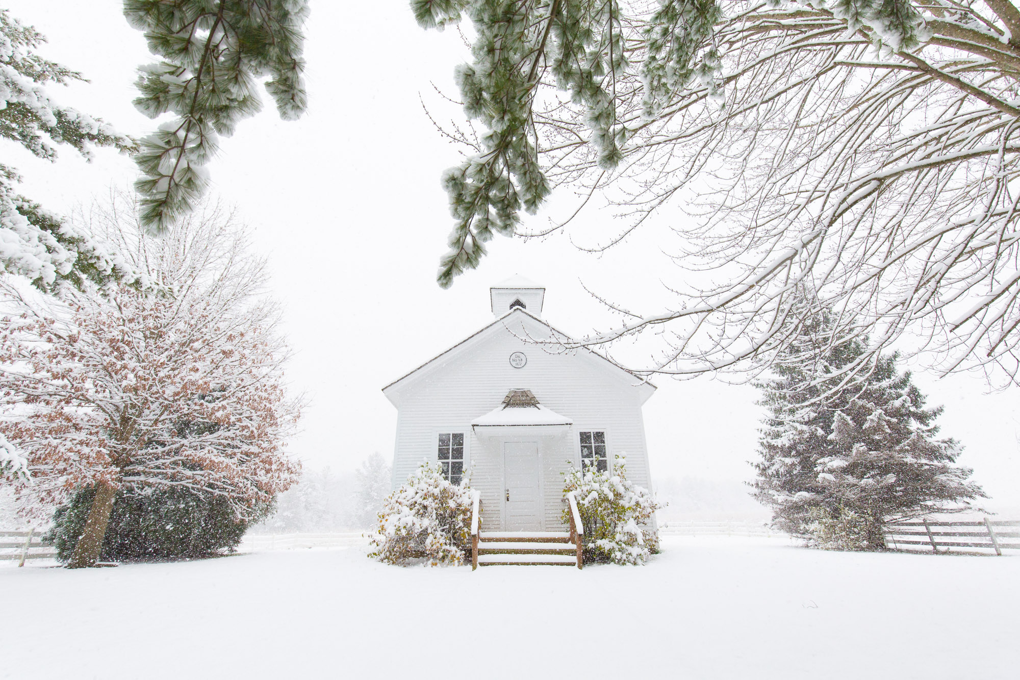 Pioneer Sholes School during a snowstorm