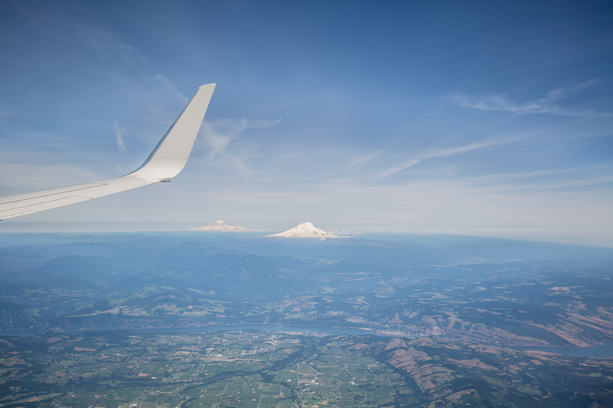 Mt Adams and Mt Saint Helens from an airline flying nearby