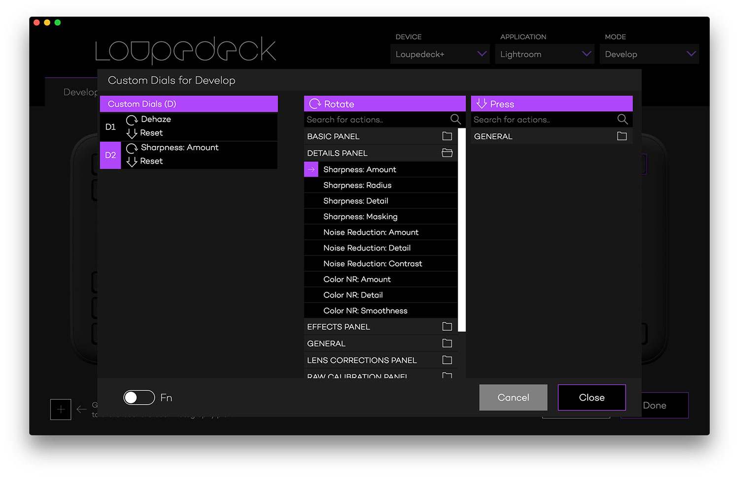 Loupedeck+ control panel custom settings